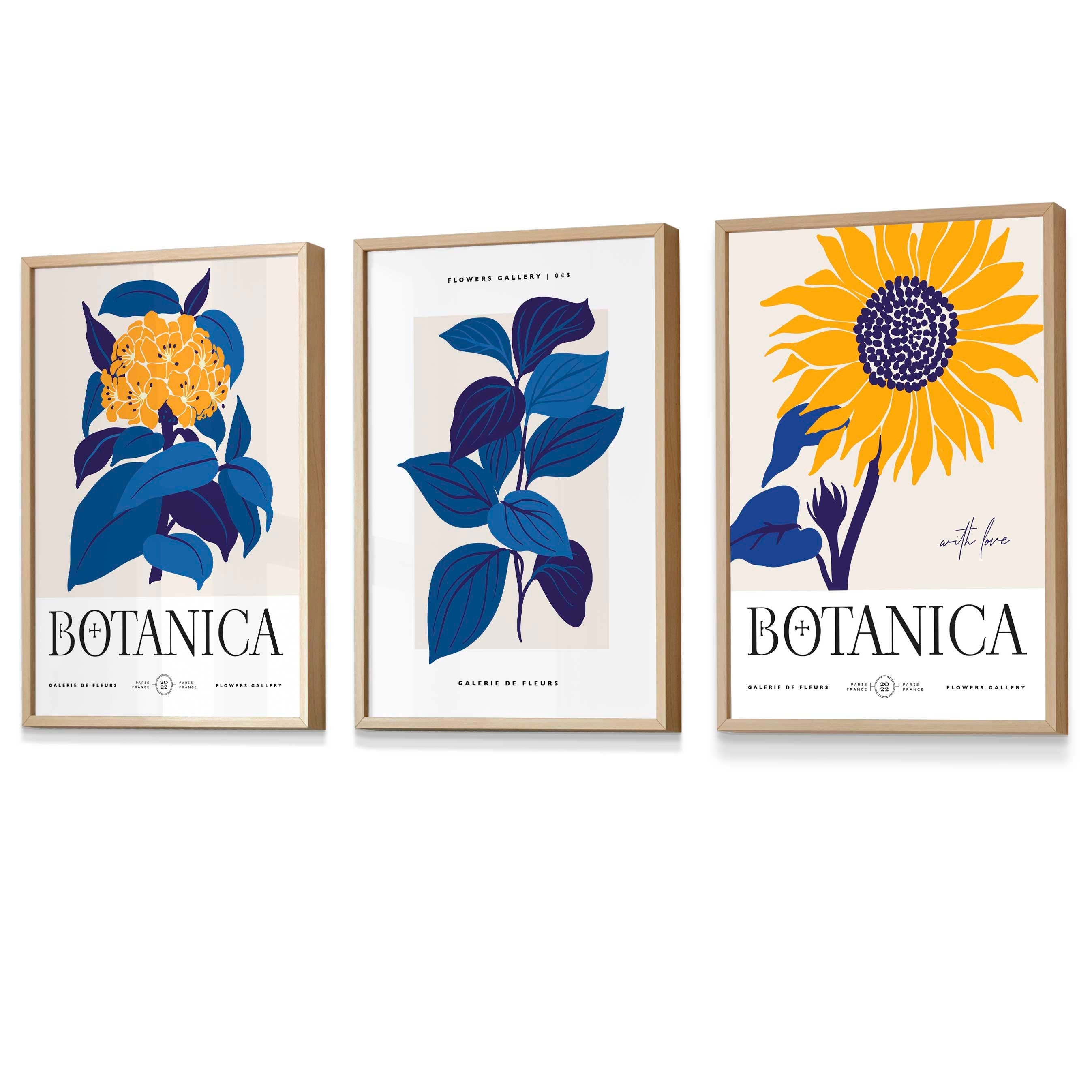 Set of 3 Sunflower, Blue and Yellow Vintage Floral Wall Art Prints