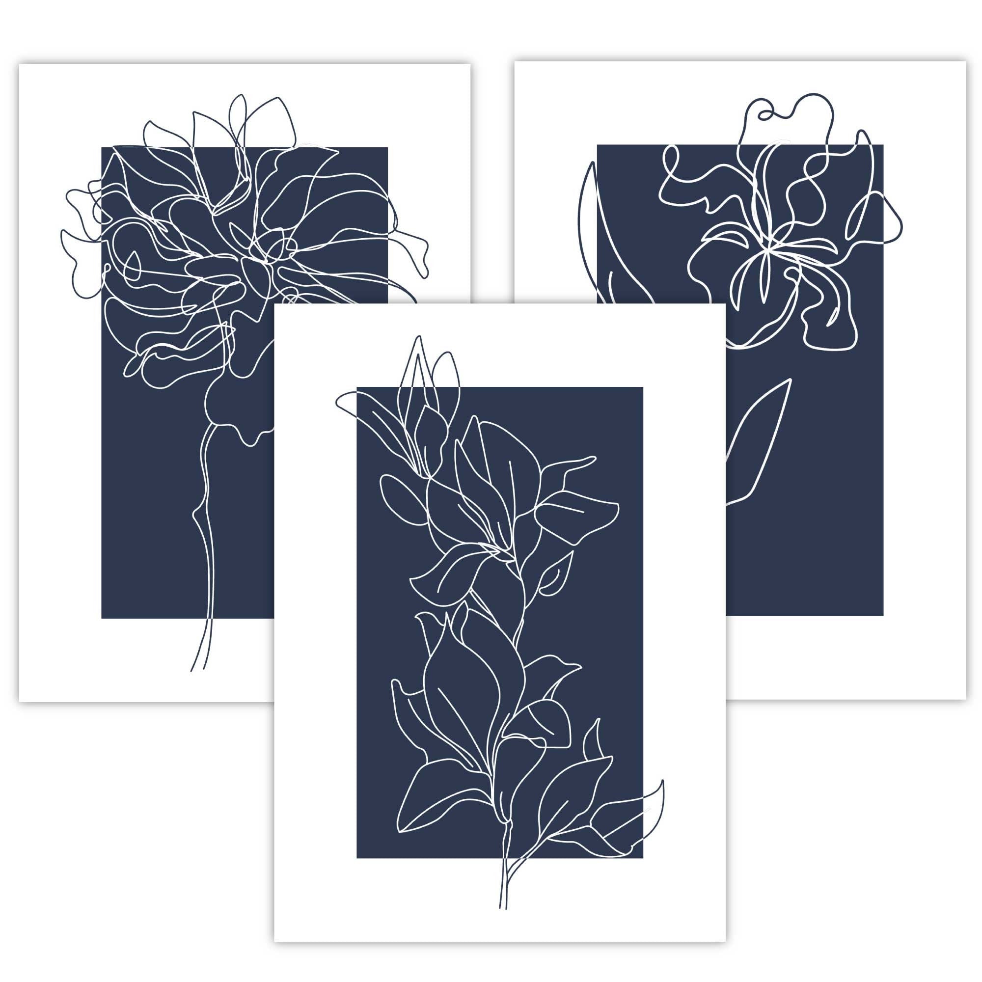 Blue Wall Prints, Set of 3 Prints, Botanical Wall Prints, Plant Wall Art, Botanical Line Art, Blue Home Decor, Hand Drawn Flowers Navy Blue