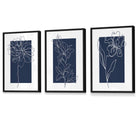 Blue Wall Prints, Set of 3 Prints, Botanical Wall Prints, Plant Wall Art, Botanical Line Art, Blue Home Decor, Hand Drawn Flowers Navy Blue