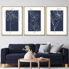 Blue Wall Prints, Set of 3 Prints, Botanical Wall Prints, Plant Wall Art, Botanical Line Art, Blue Home Decor, Hand Drawn Flowers Navy Blue