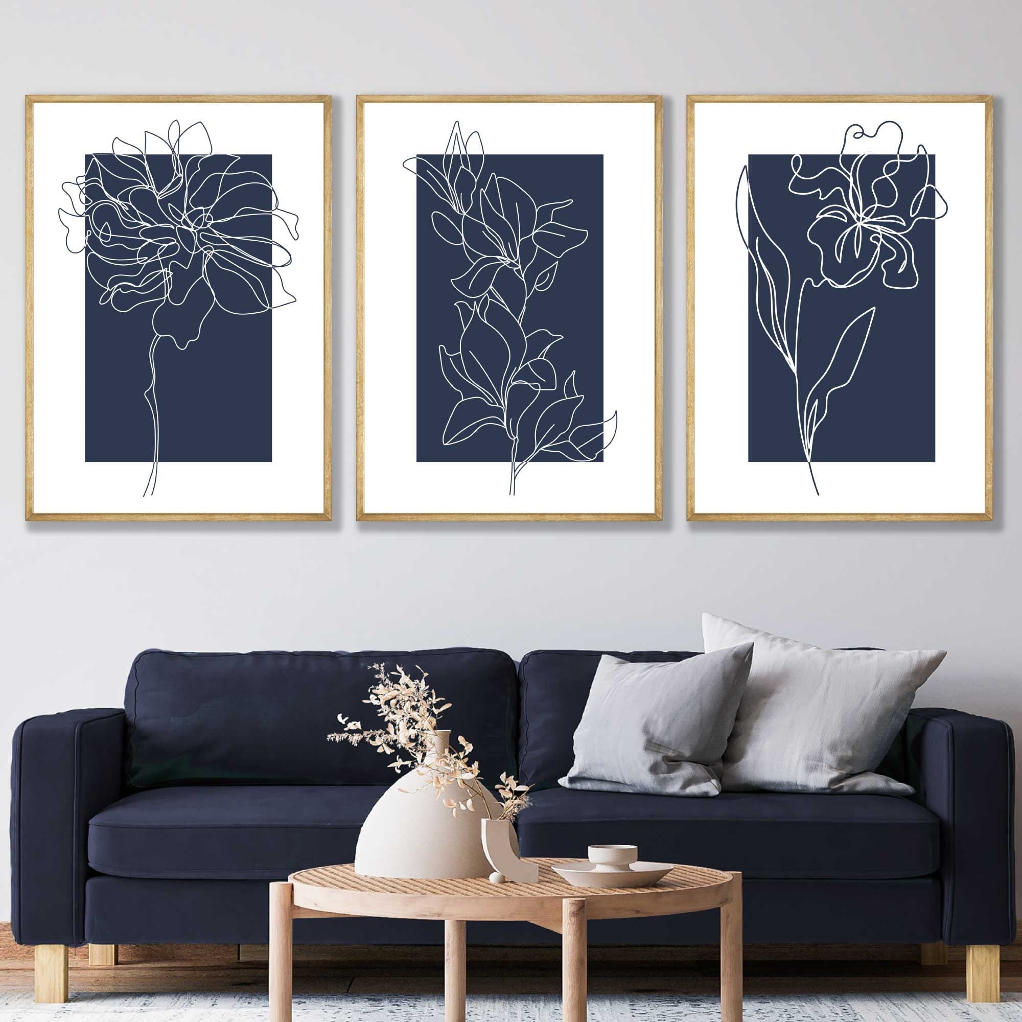Blue Wall Prints, Set of 3 Prints, Botanical Wall Prints, Plant Wall Art, Botanical Line Art, Blue Home Decor, Hand Drawn Flowers Navy Blue