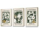 Flower Market Prints in Green, FRAMED Set of 3 with Flowers of London, Edinburgh, Dublin | Artze Wall Art UK