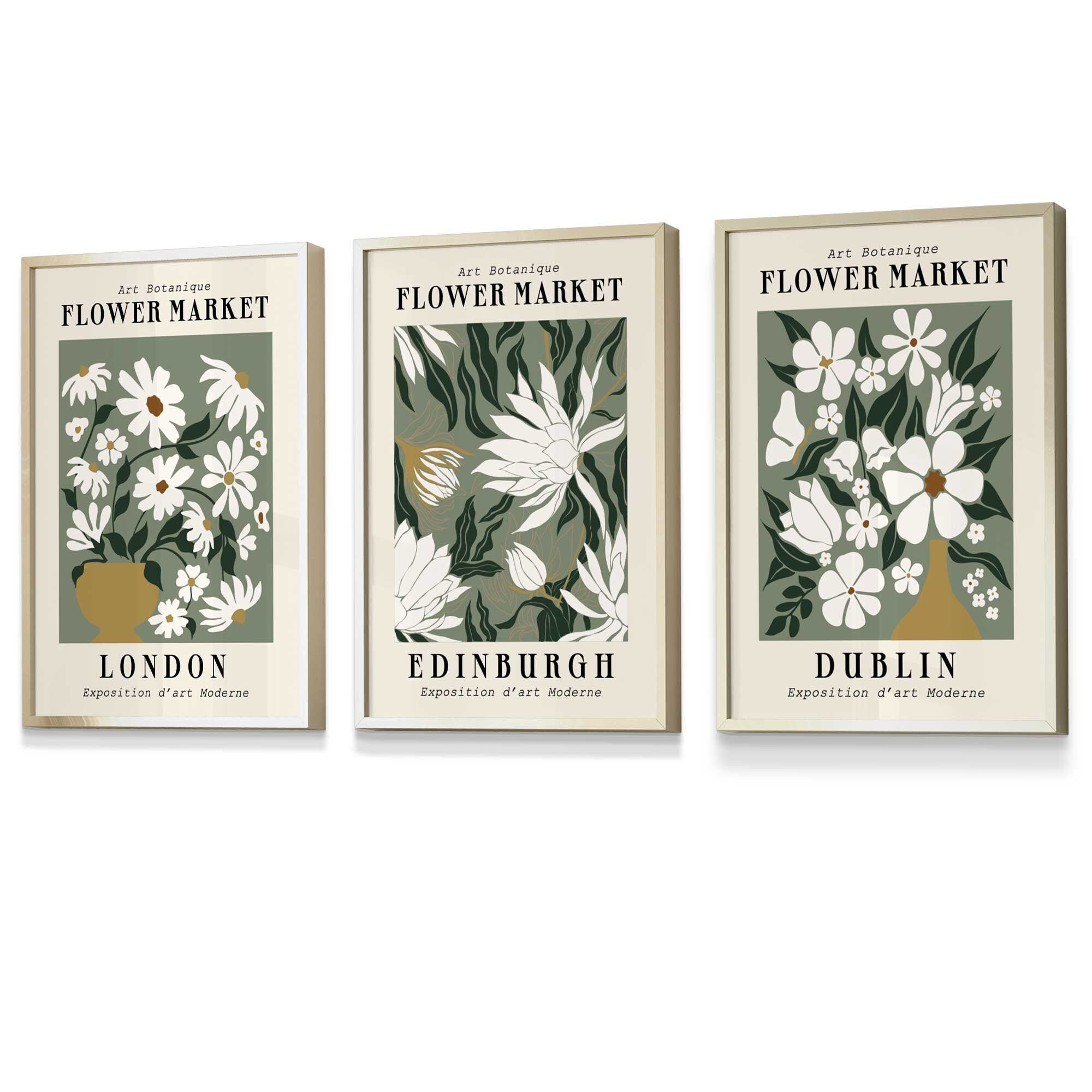 Flower Market Prints in Green, FRAMED Set of 3 with Flowers of London, Edinburgh, Dublin | Artze Wall Art UK