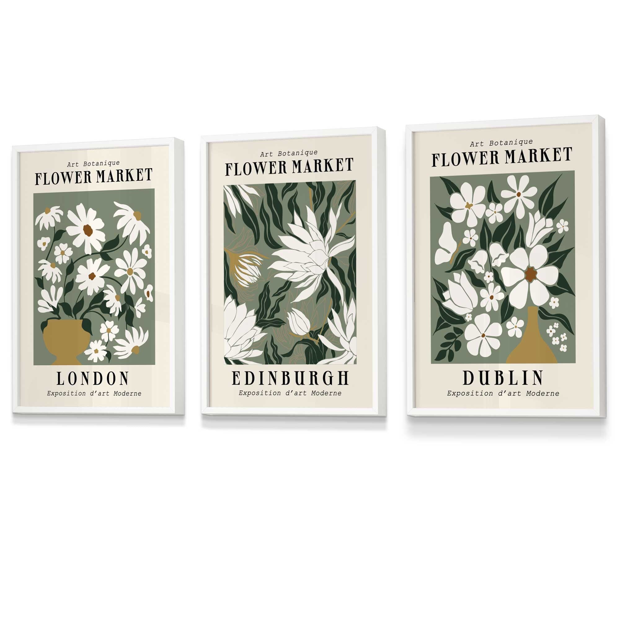 Flower Market Prints in Green, FRAMED Set of 3 with Flowers of London, Edinburgh, Dublin | Artze Wall Art UK