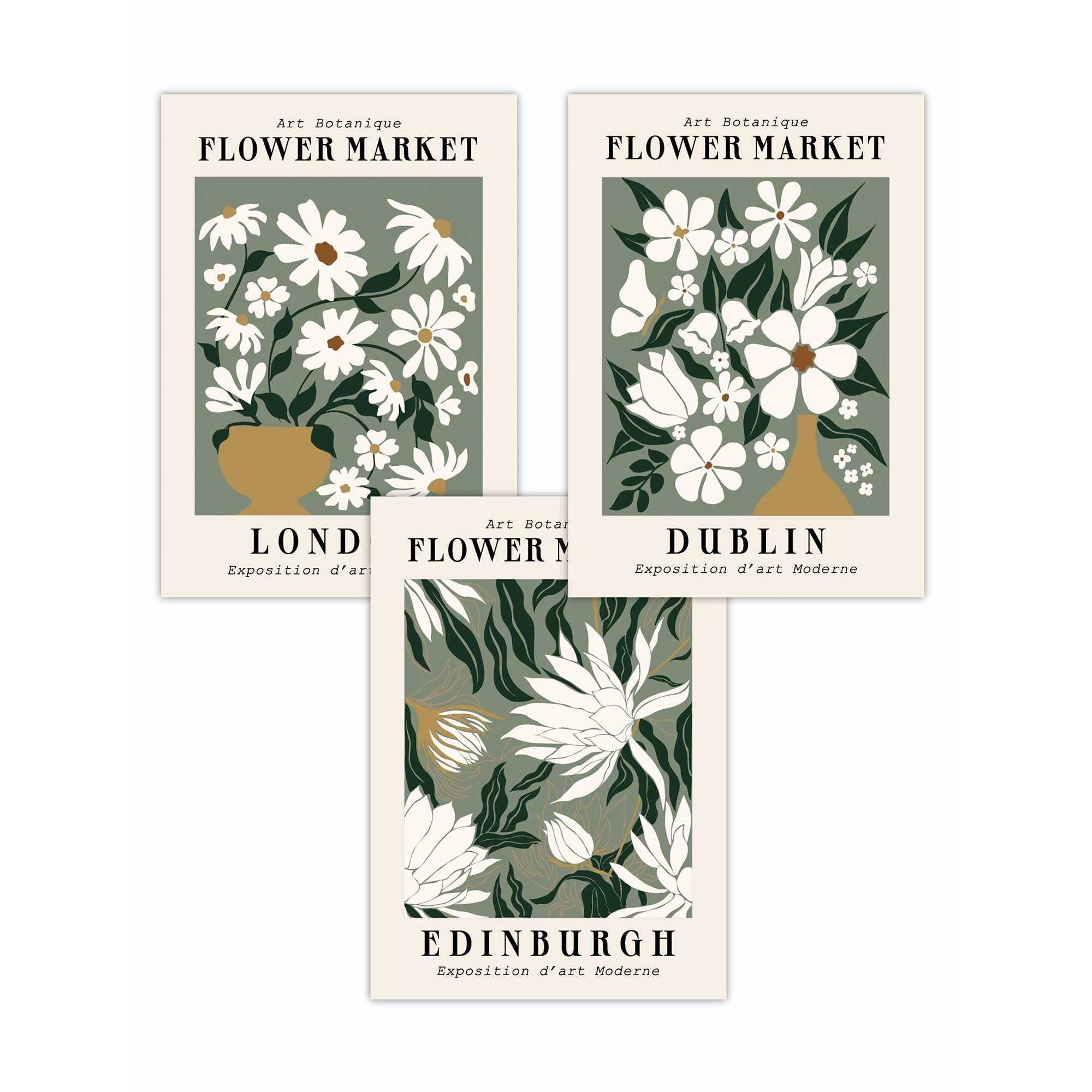 Flower Market Prints in Green, FRAMED Set of 3 with Flowers of London, Edinburgh, Dublin | Artze Wall Art UK