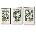 Flower Market Prints in Green, FRAMED Set of 3 with Flowers of London, Edinburgh, Dublin | Artze Wall Art UK