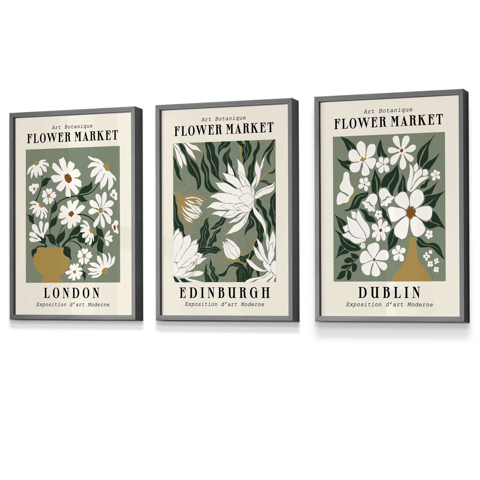 Flower Market Prints in Green, FRAMED Set of 3 with Flowers of London, Edinburgh, Dublin | Artze Wall Art UK