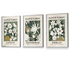 Flower Market Prints in Green, FRAMED Set of 3 with Flowers of London, Edinburgh, Dublin | Artze Wall Art UK