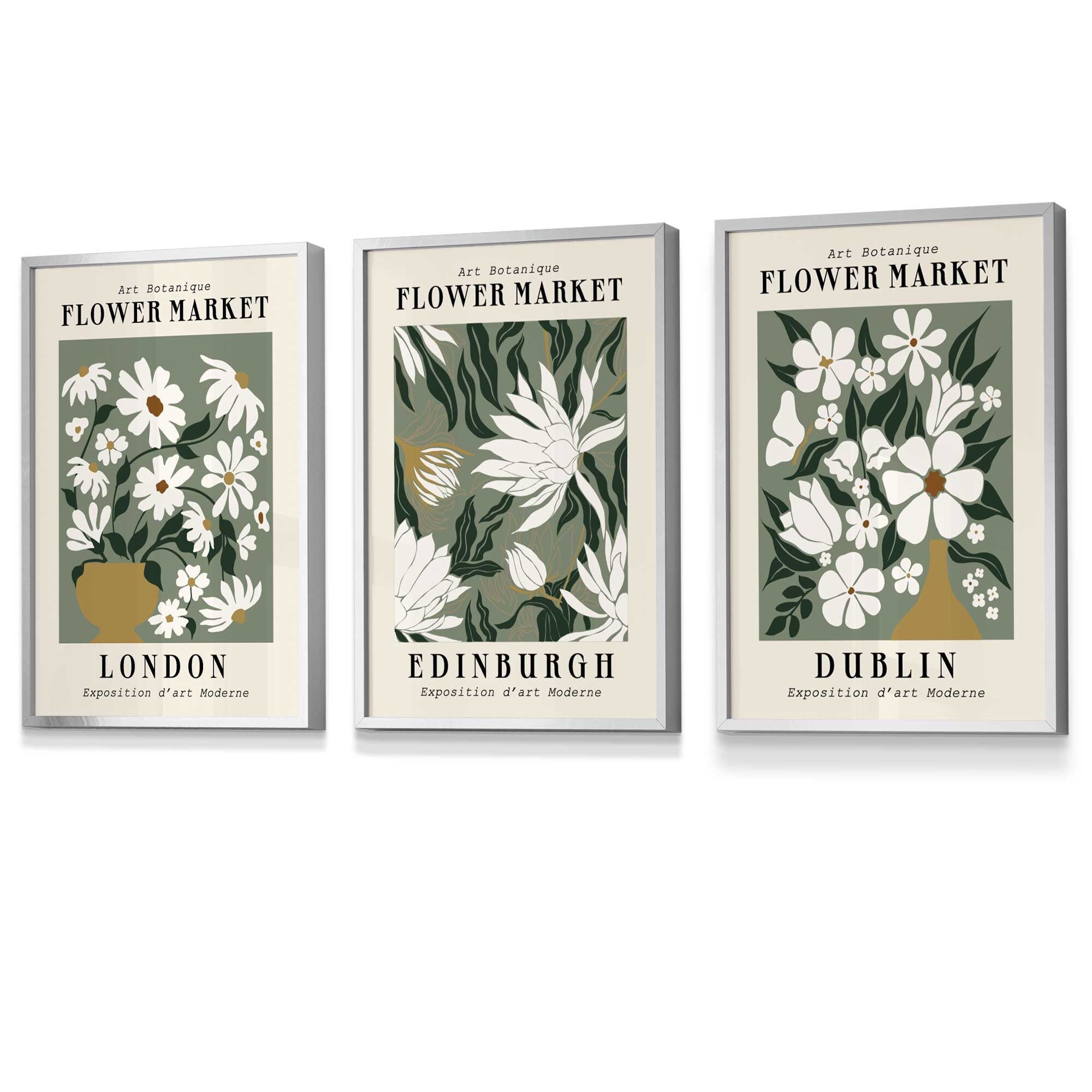 Flower Market Prints in Green, FRAMED Set of 3 with Flowers of London, Edinburgh, Dublin | Artze Wall Art UK