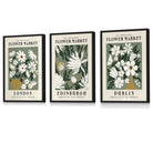 Flower Market Prints in Green, FRAMED Set of 3 with Flowers of London, Edinburgh, Dublin | Artze Wall Art UK