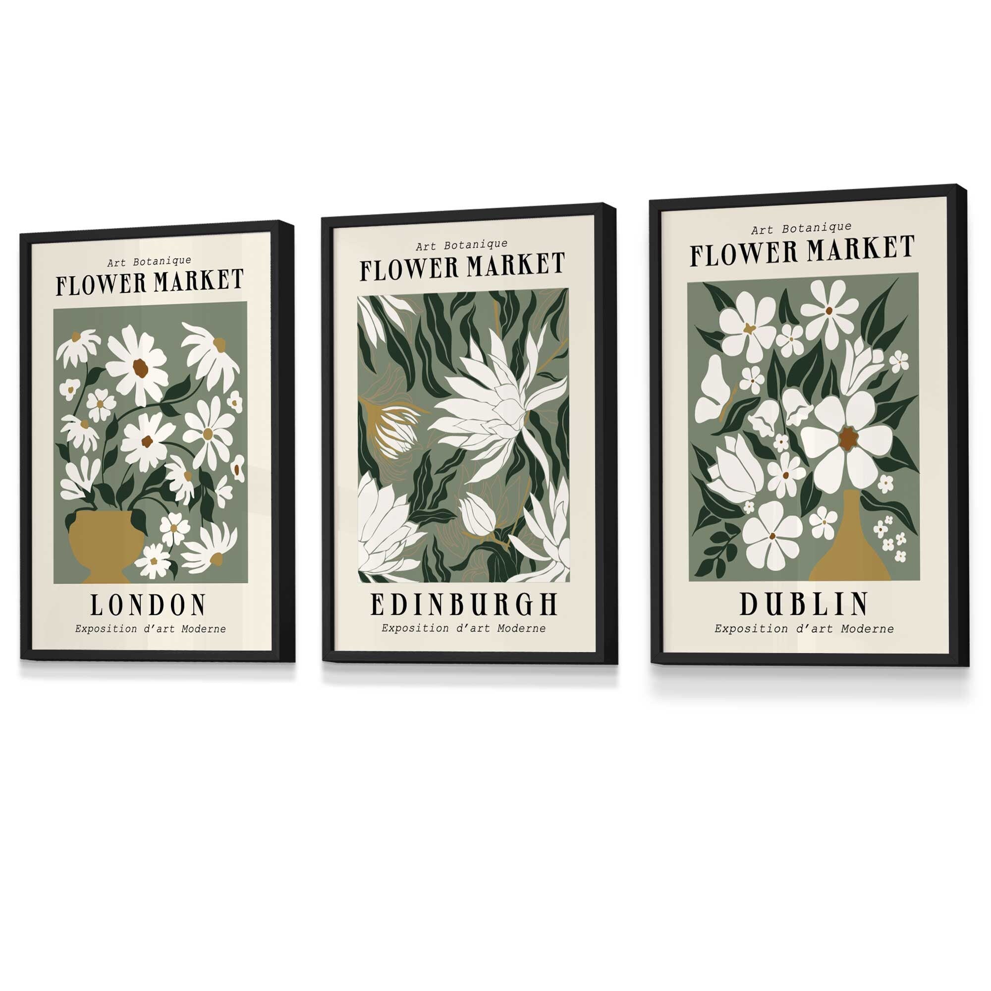 Flower Market Prints in Green, FRAMED Set of 3 with Flowers of London, Edinburgh, Dublin | Artze Wall Art UK