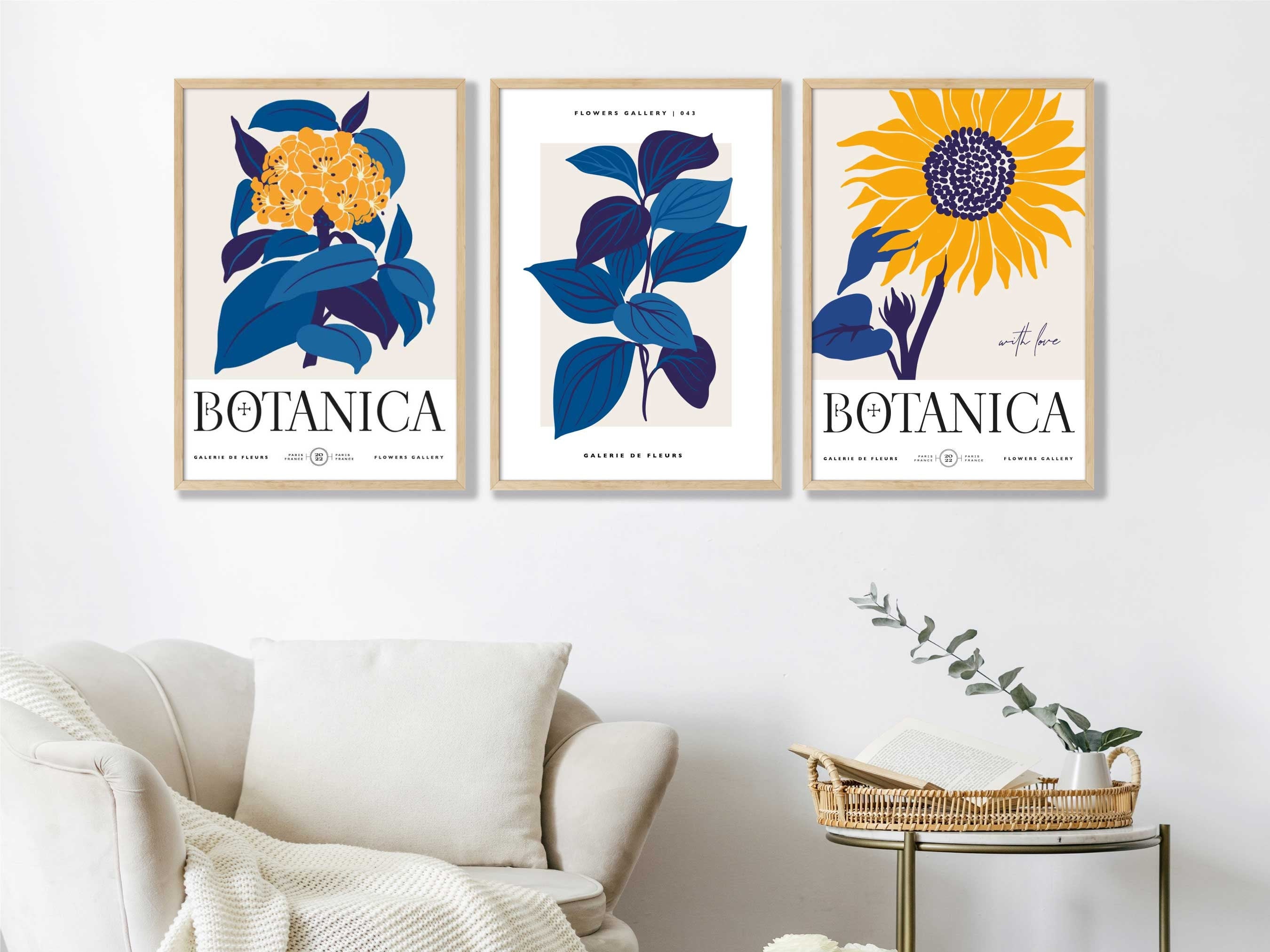 Set of 3 Sunflower, Blue and Yellow Vintage Floral Wall Art Prints