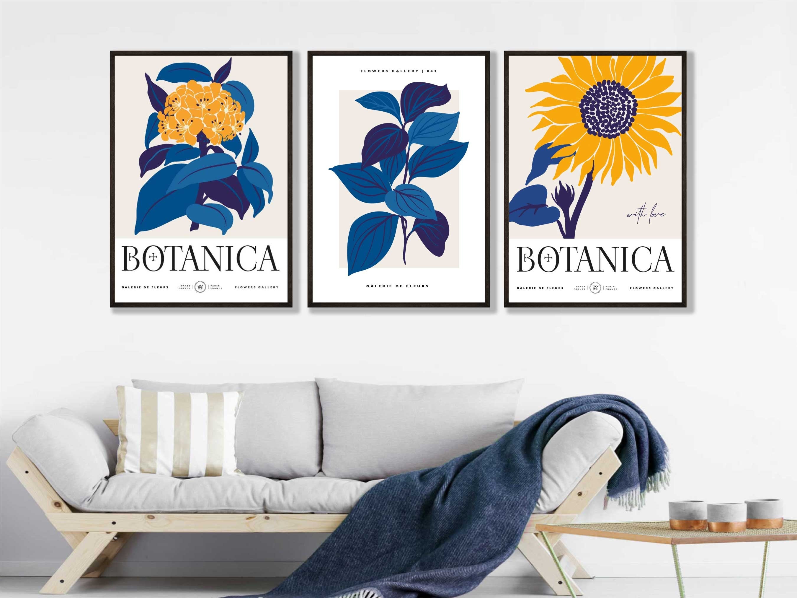 Set of 3 Sunflower, Blue and Yellow Vintage Floral Wall Art Prints