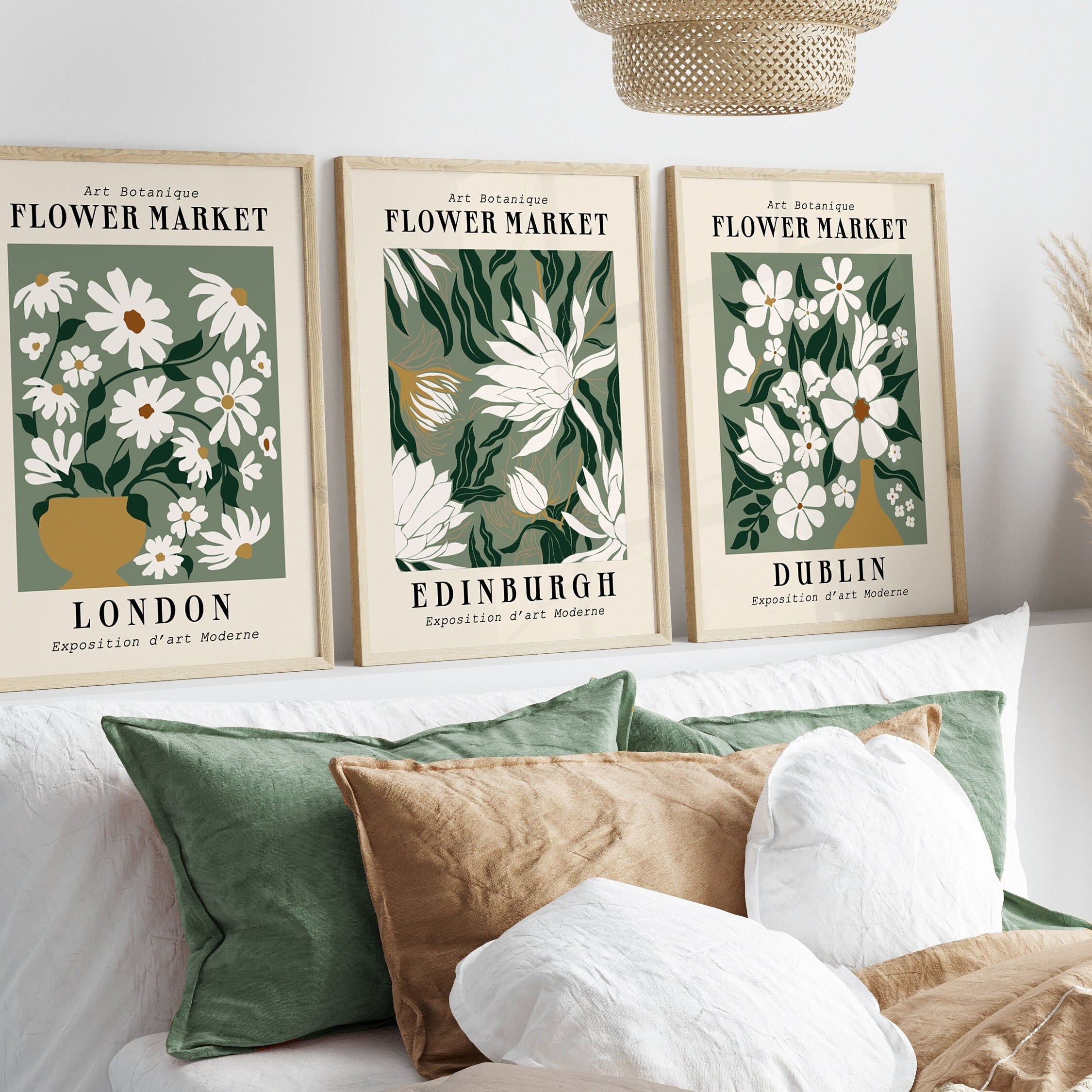 Flower Market Prints in Green, FRAMED Set of 3 with Flowers of London, Edinburgh, Dublin | Artze Wall Art UK