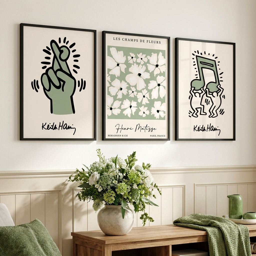 Luxury Living Room featuring a Set of 3 Keith Haring meets Matisse in Green Art Prints in Black Frames | Artze UK