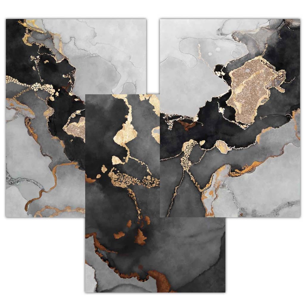 Set of 3 Abstract Art Prints of Paintings Black Grey and Gold