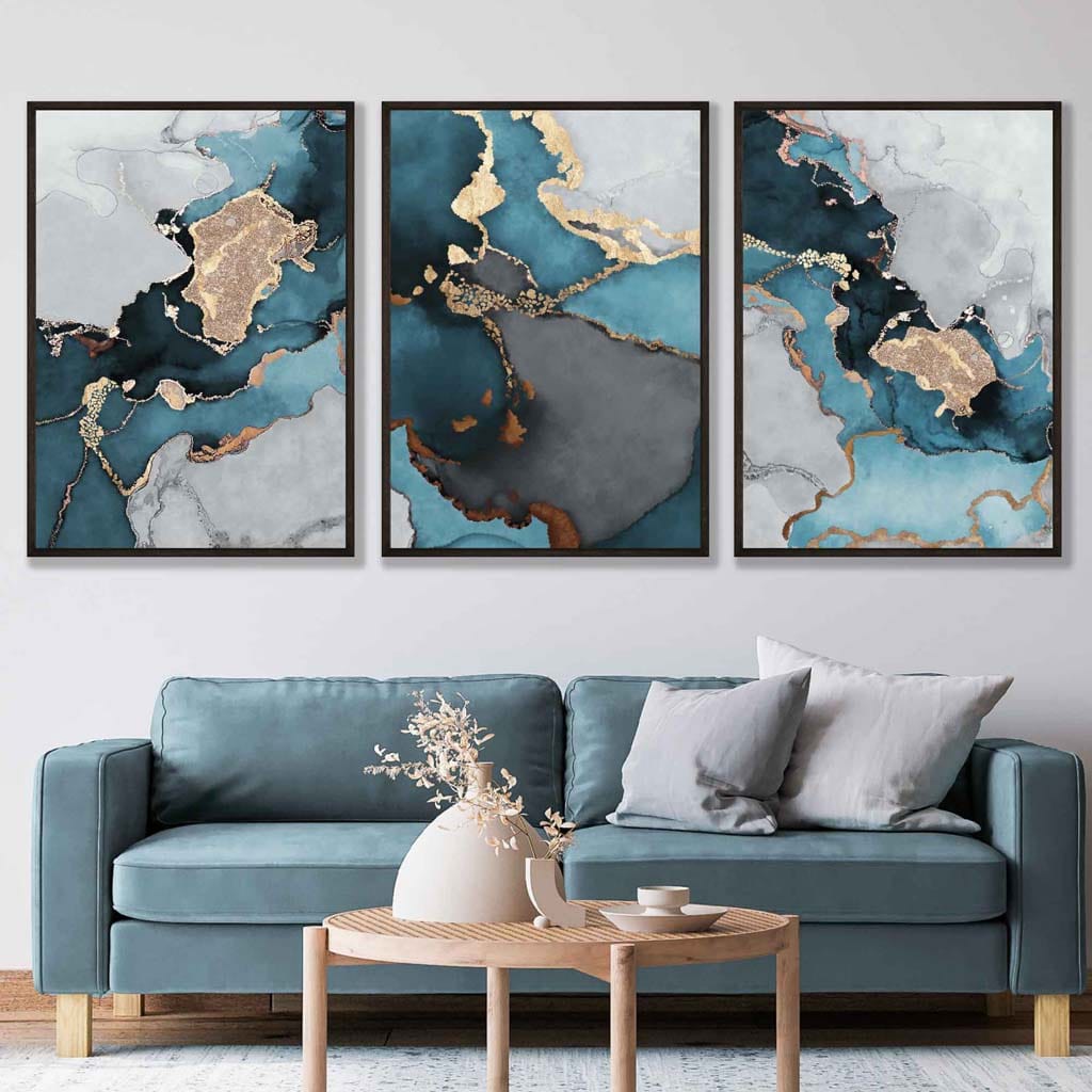 Set of 3 Abstract Art Prints of Paintings Teal Blue Grey and Gold