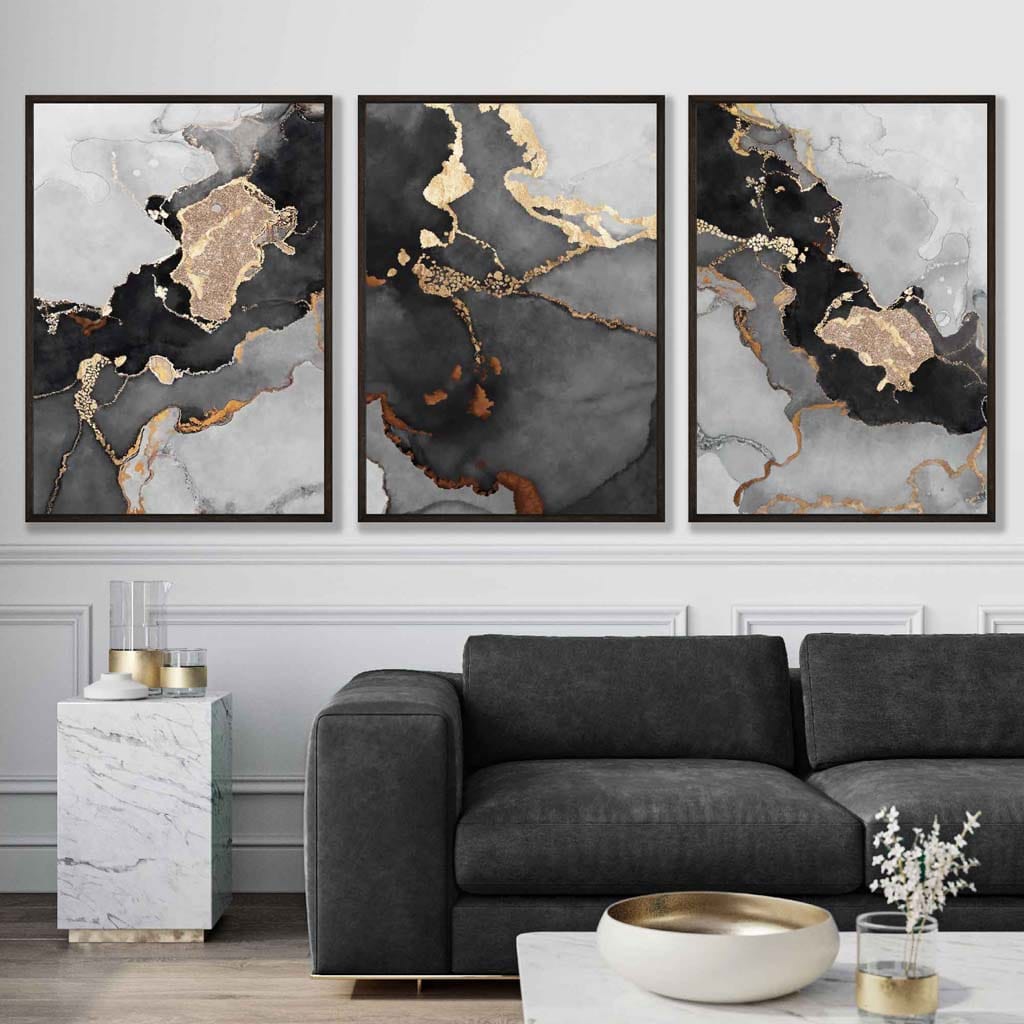 Framed Set of 3 Abstract Art prints of Paintings Black Grey and Gold | Artze Wall Art UK
