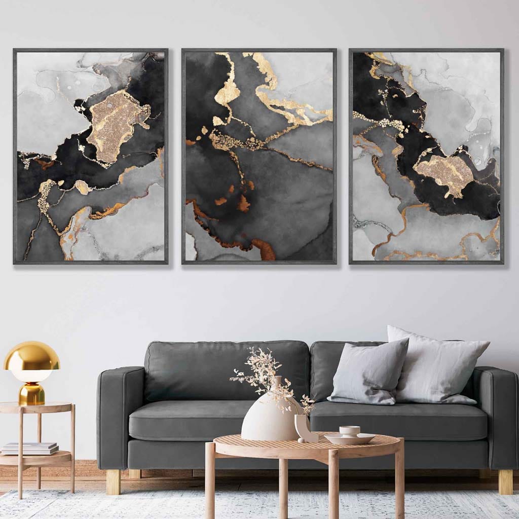 Set of 3 Abstract Art Prints of Paintings Black Grey and Gold