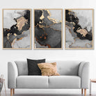 Set of 3 Abstract Art Prints of Paintings Black Grey and Gold