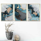 Set of 3 Abstract Art Prints of Paintings Teal Blue Grey and Gold