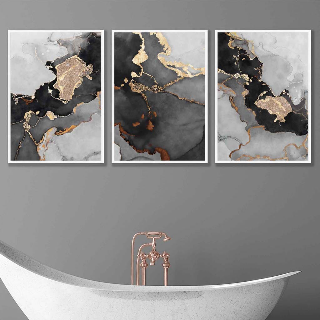 Set of 3 Abstract Art Prints of Paintings Black Grey and Gold