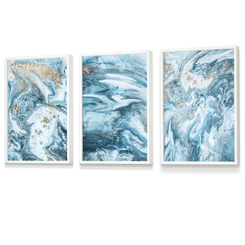 Framed Set of 3 Abstract Oceans Teal Blue and Gold Wall Art | Artze Wall Art UK