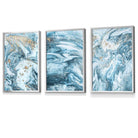 Framed Set of 3 Abstract Oceans Teal Blue and Gold Wall Art | Artze Wall Art UK