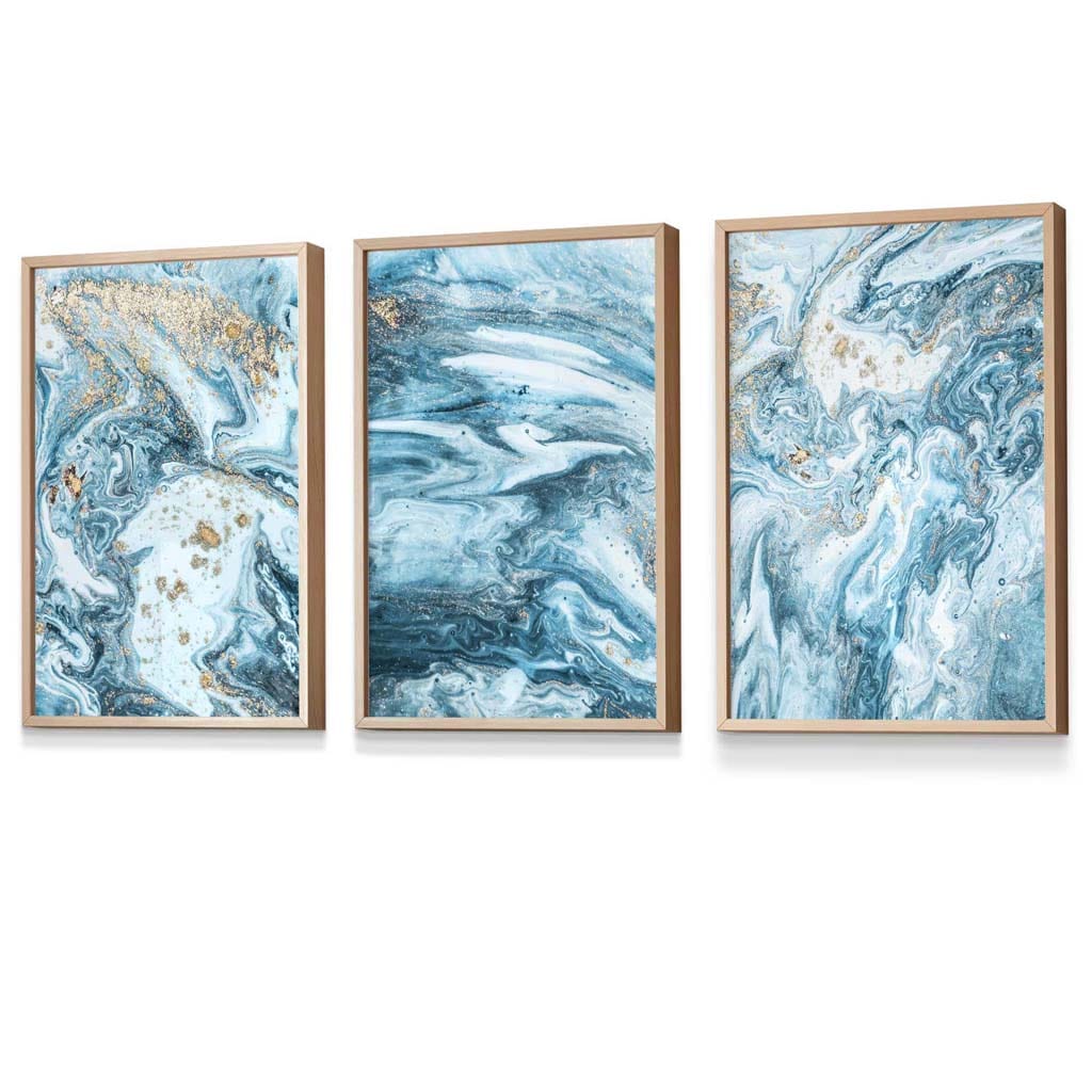 Framed Set of 3 Abstract Oceans Teal Blue and Gold Wall Art | Artze Wall Art UK