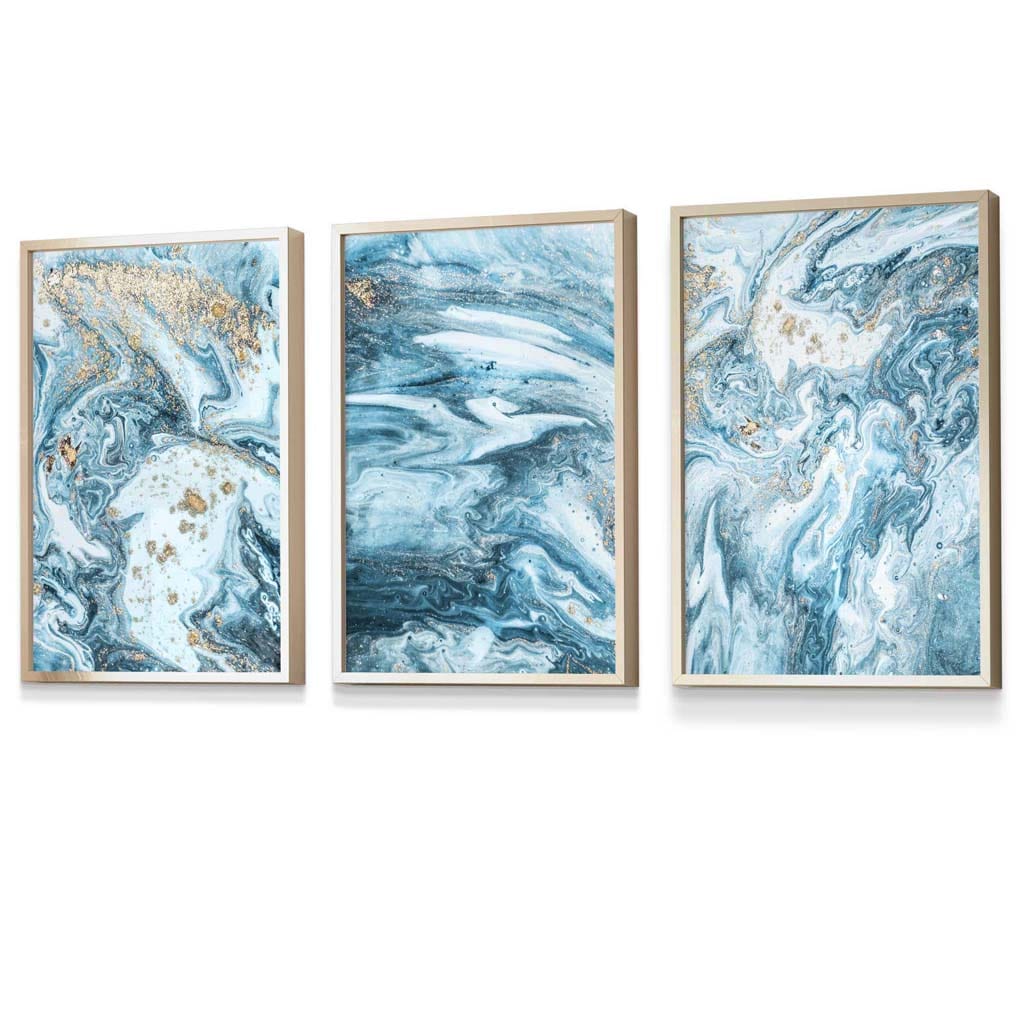 Framed Set of 3 Abstract Oceans Teal Blue and Gold Wall Art | Artze Wall Art UK