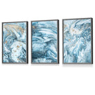 Framed Set of 3 Abstract Oceans Teal Blue and Gold Wall Art | Artze Wall Art UK