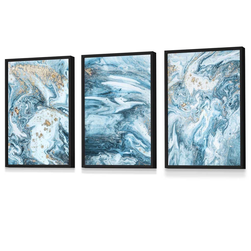 Framed Set of 3 Abstract Oceans Teal Blue and Gold Wall Art | Artze Wall Art UK