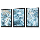 Framed Set of 3 Abstract Oceans Teal Blue and Gold Wall Art | Artze Wall Art UK