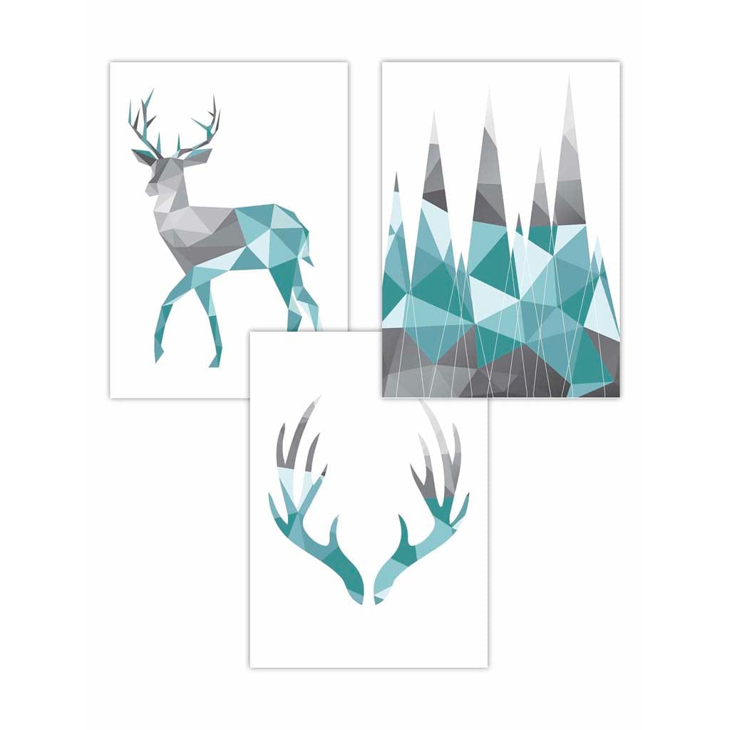 GEOMETRIC set of 3 Aqua Blue & Grey STAG Antlers and Forest Art Prints