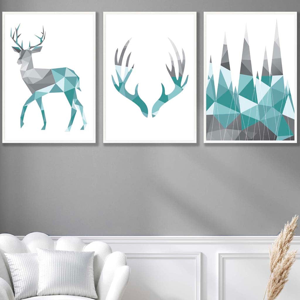 GEOMETRIC set of 3 Aqua Blue & Grey STAG Antlers and Forest Art Prints