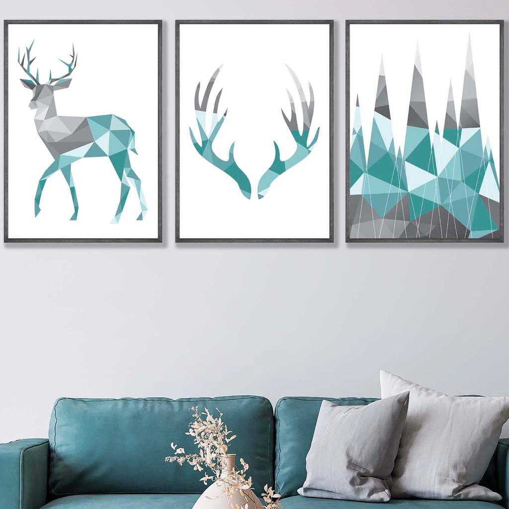 GEOMETRIC set of 3 Aqua Blue & Grey STAG Antlers and Forest Art Prints