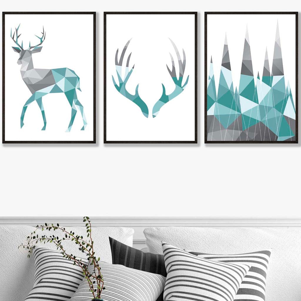 GEOMETRIC set of 3 Aqua Blue & Grey STAG Antlers and Forest Art Prints