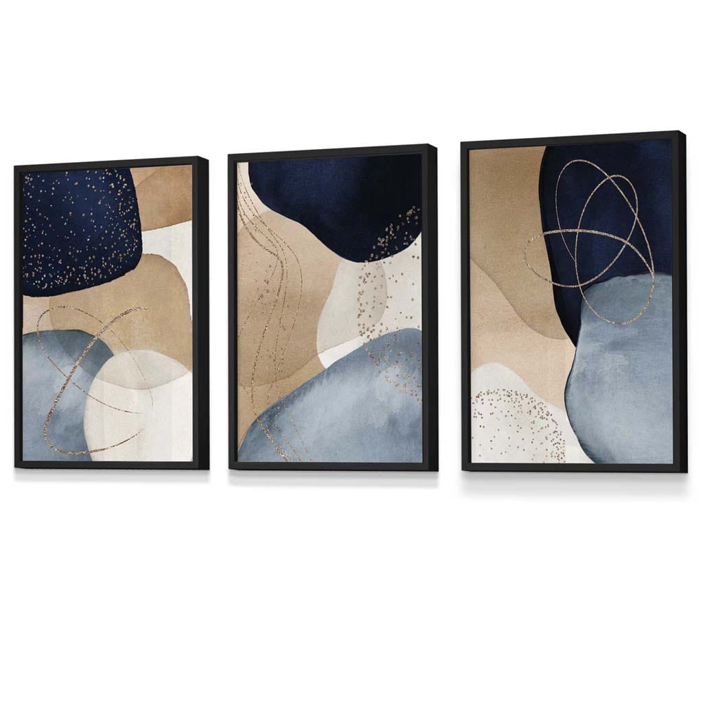 Abstract Blue, Beige, Gold Shapes Set of 3 Framed Wall Art | Artze Wall Art UK