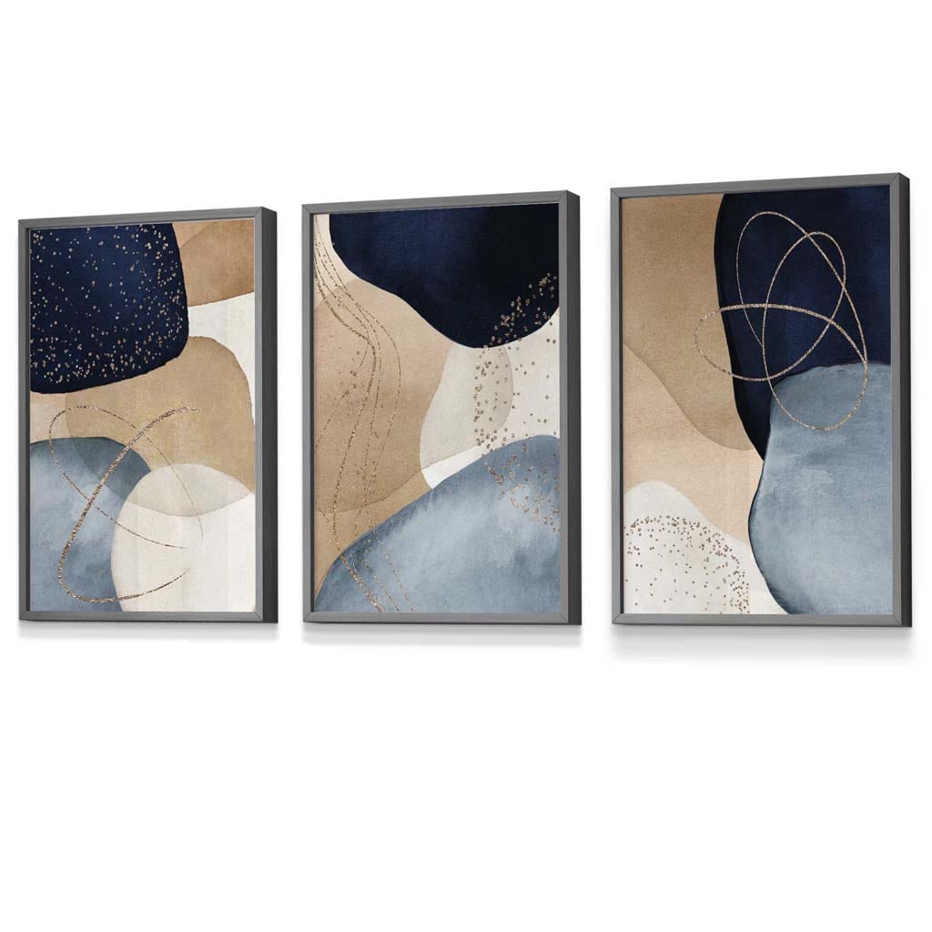 Abstract Blue, Beige, Gold Shapes Set of 3 Framed Wall Art | Artze Wall Art UK