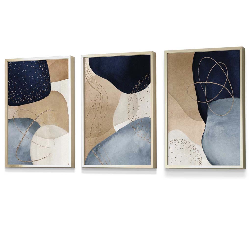 Abstract Blue, Beige, Gold Shapes Set of 3 Framed Wall Art | Artze Wall Art UK