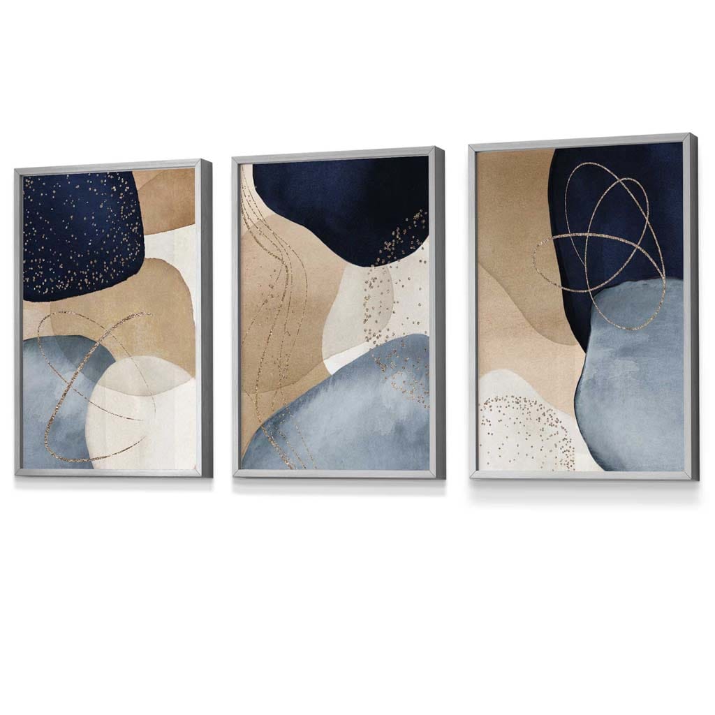 Abstract Blue, Beige, Gold Shapes Set of 3 Framed Wall Art | Artze Wall Art UK