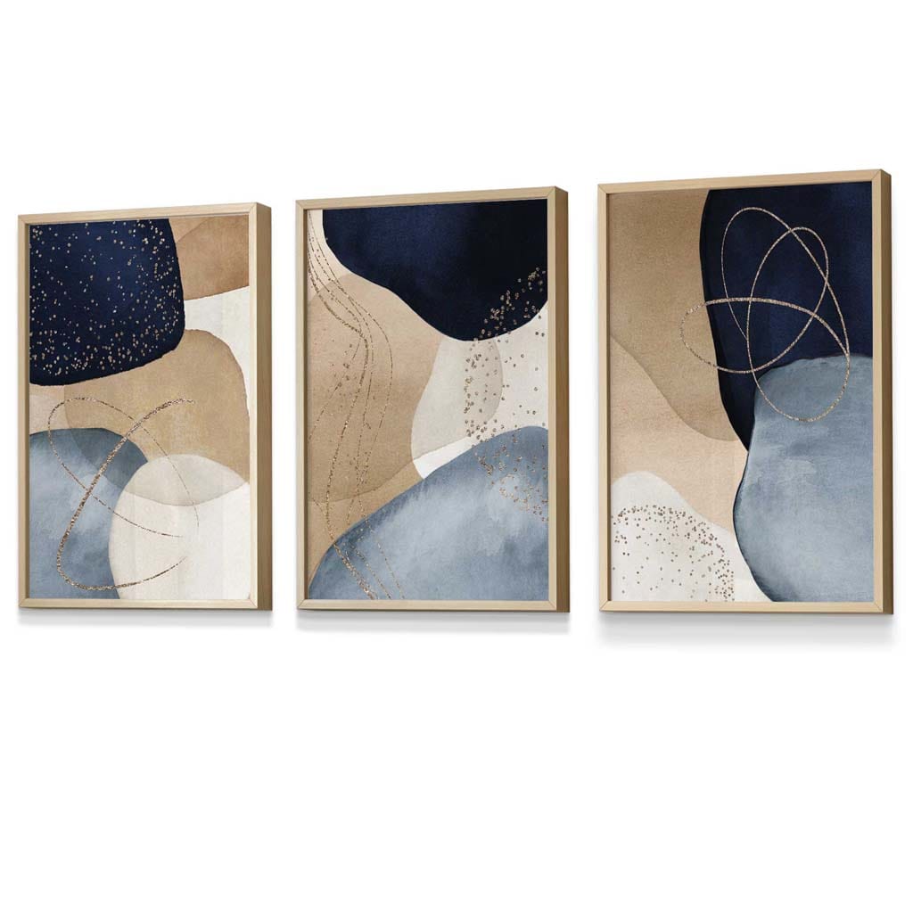Abstract Blue, Beige, Gold Shapes Set of 3 Framed Wall Art | Artze Wall Art UK