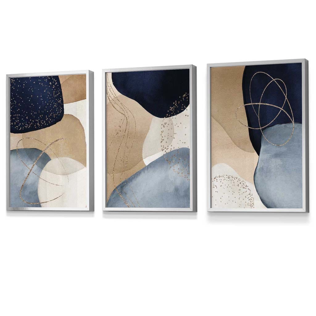 Abstract Blue, Beige, Gold Shapes Set of 3 Framed Wall Art | Artze Wall Art UK