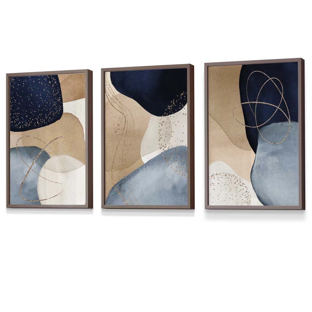 Abstract Blue, Beige, Gold Shapes Set of 3 Framed Wall Art | Artze Wall Art UK