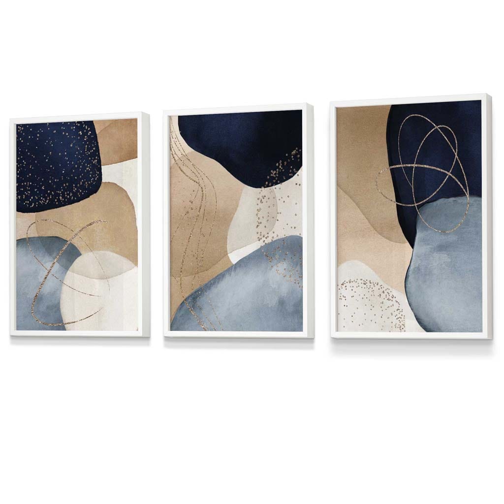 Abstract Blue, Beige, Gold Shapes Set of 3 Framed Wall Art | Artze Wall Art UK