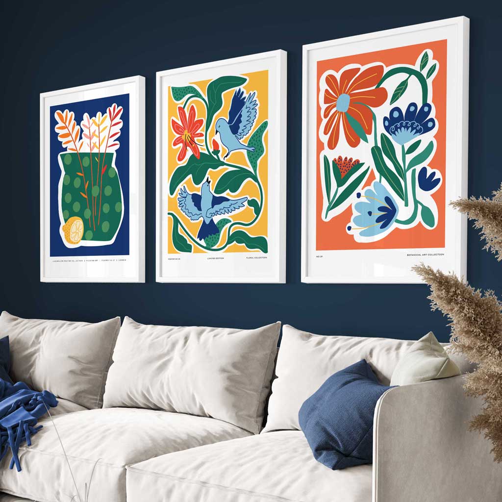 Flower Market Prints in Green, FRAMED Set of 3 with Flowers of London, Edinburgh, Dublin | Artze Wall Art UK