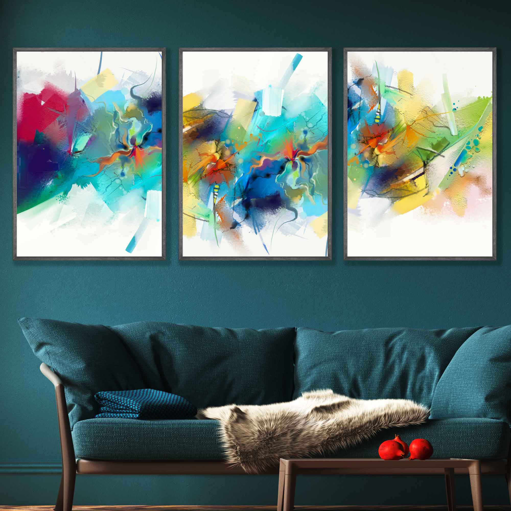 Set of 3 Abstract Multicolour Blue Pink Art Prints