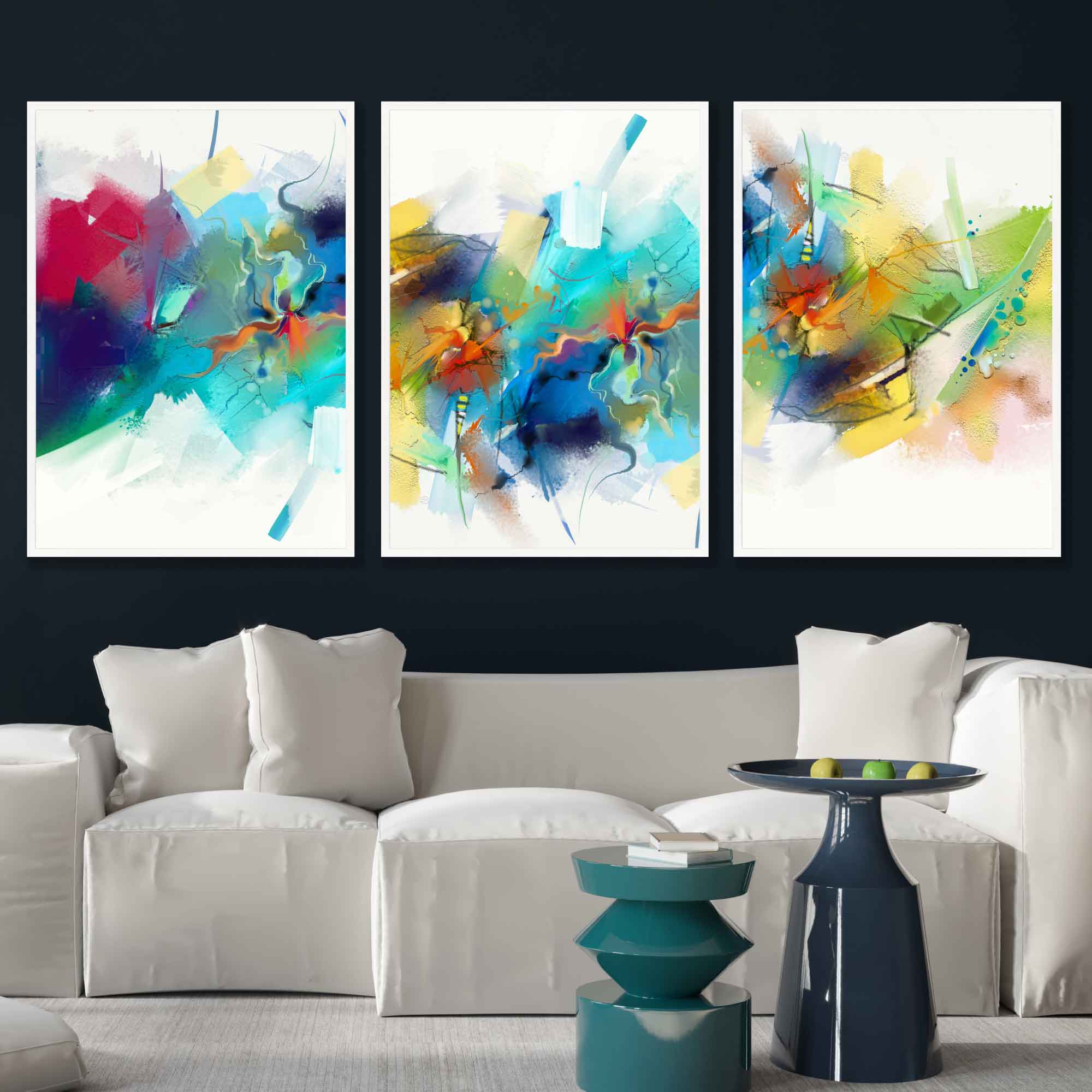 Set of 3 Abstract Multicolour Blue Pink Art Prints