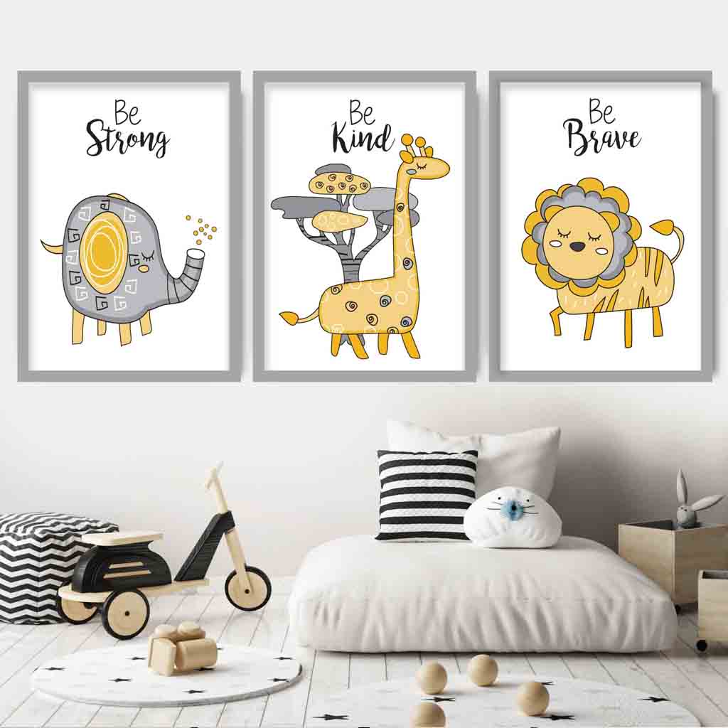Nursery Set of 3 FRAMED JUNGLE Animals Yellow Art Prints | Artze Wall Art UK