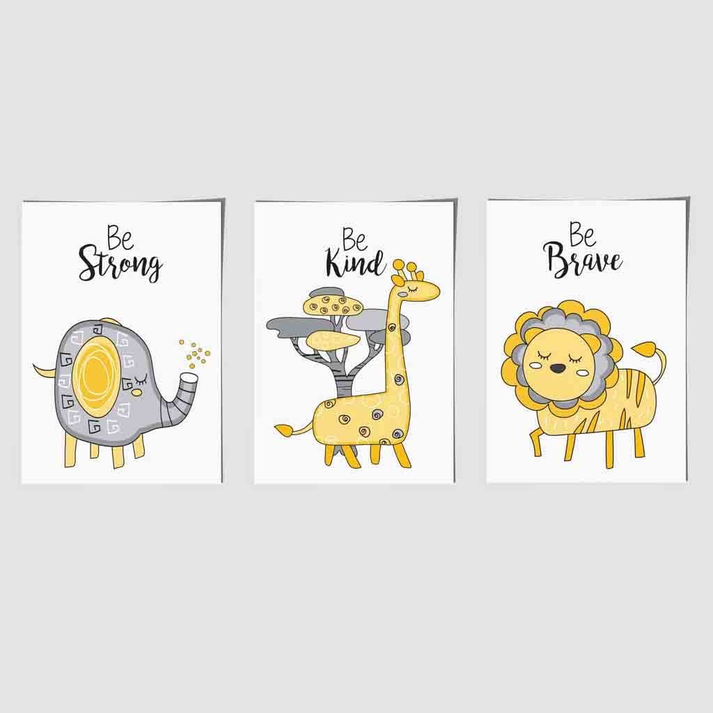 Nursery Set of 3 FRAMED JUNGLE Animals Yellow Art Prints | Artze Wall Art UK
